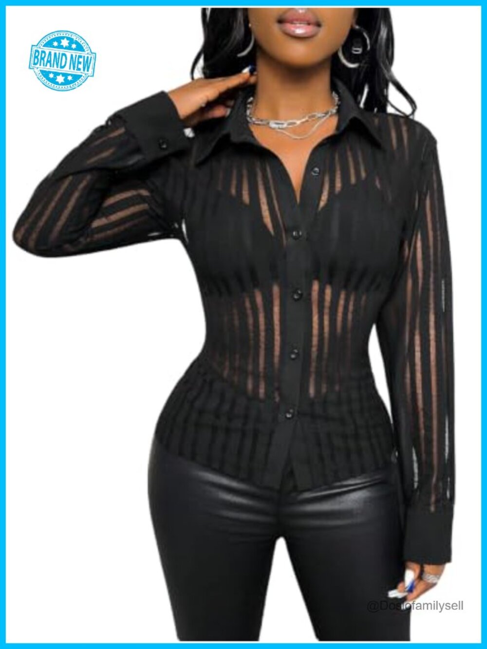 Women's Stripe Sheer Mesh Button Long Sleeve Going Out Blouse